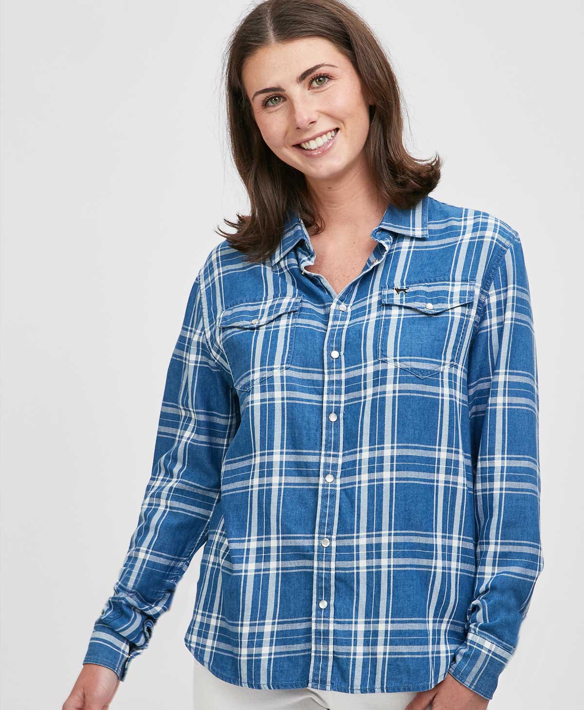 Ladies Swift Plaid Longsleeve MED DENIM Plaid / EXTRA SMALL Ladies Swift Plaid Longsleeve MED DENIM Plaid / EXTRA SMALL