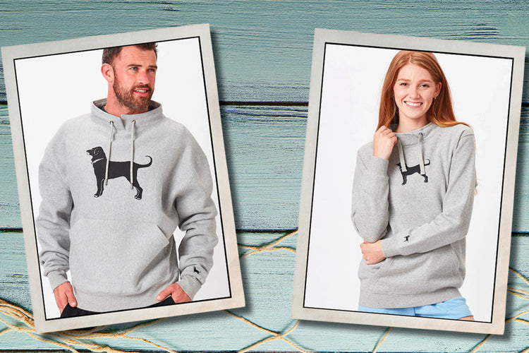 Men and ladies Fisherman Sweatshirt with split mock neck and faux drawstring. Mens is heavyweight and ladies ultra soft mid to light weight. 