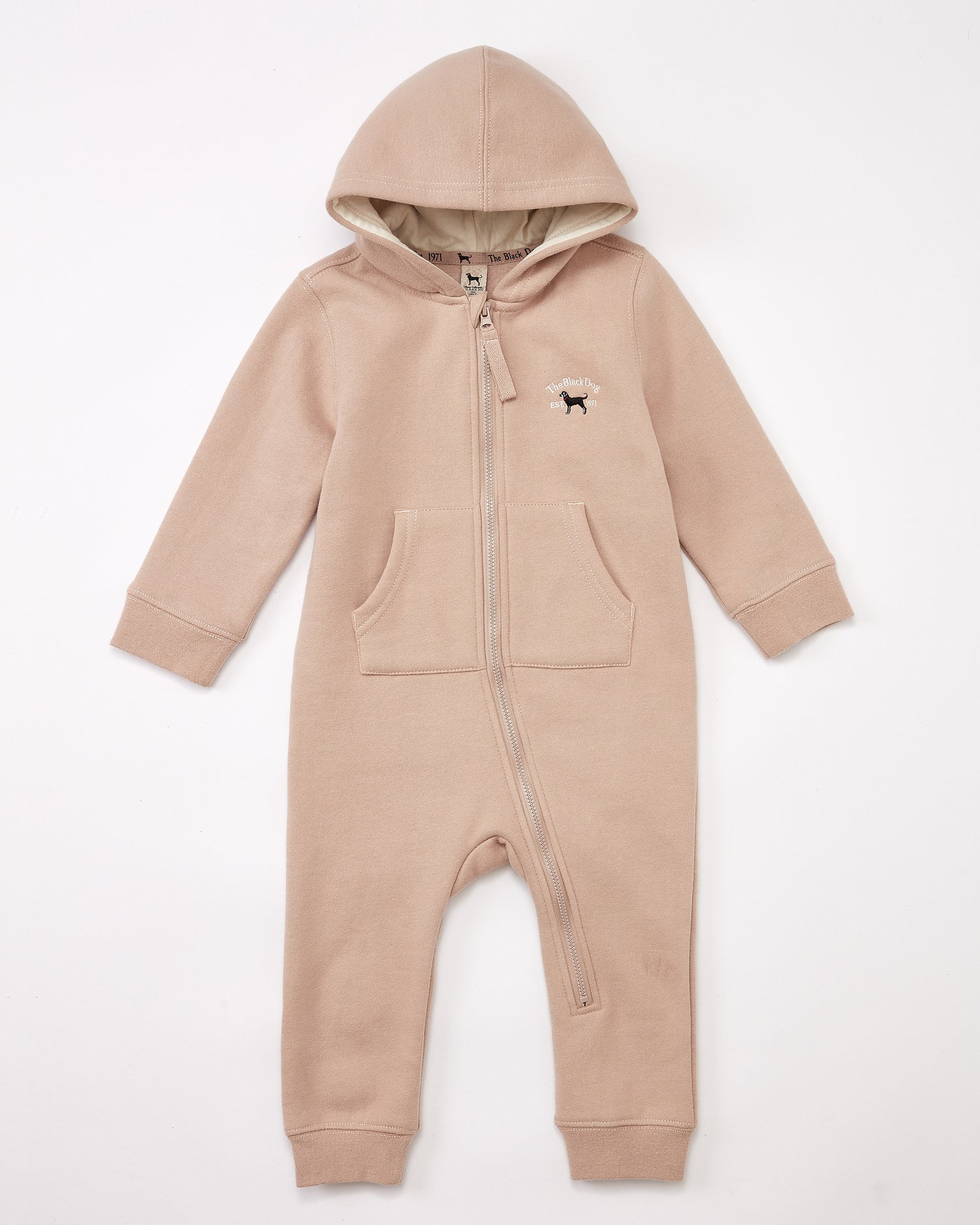 Beige baby onesie with a small logo