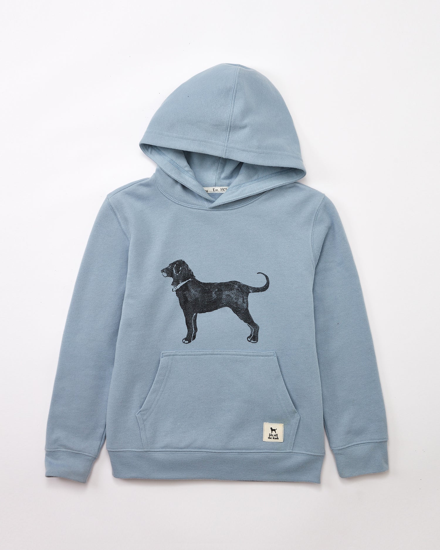 Blue hoodie with a black dog