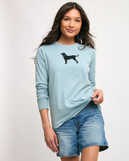 Woman wearing a light blue long-sleeve shirt