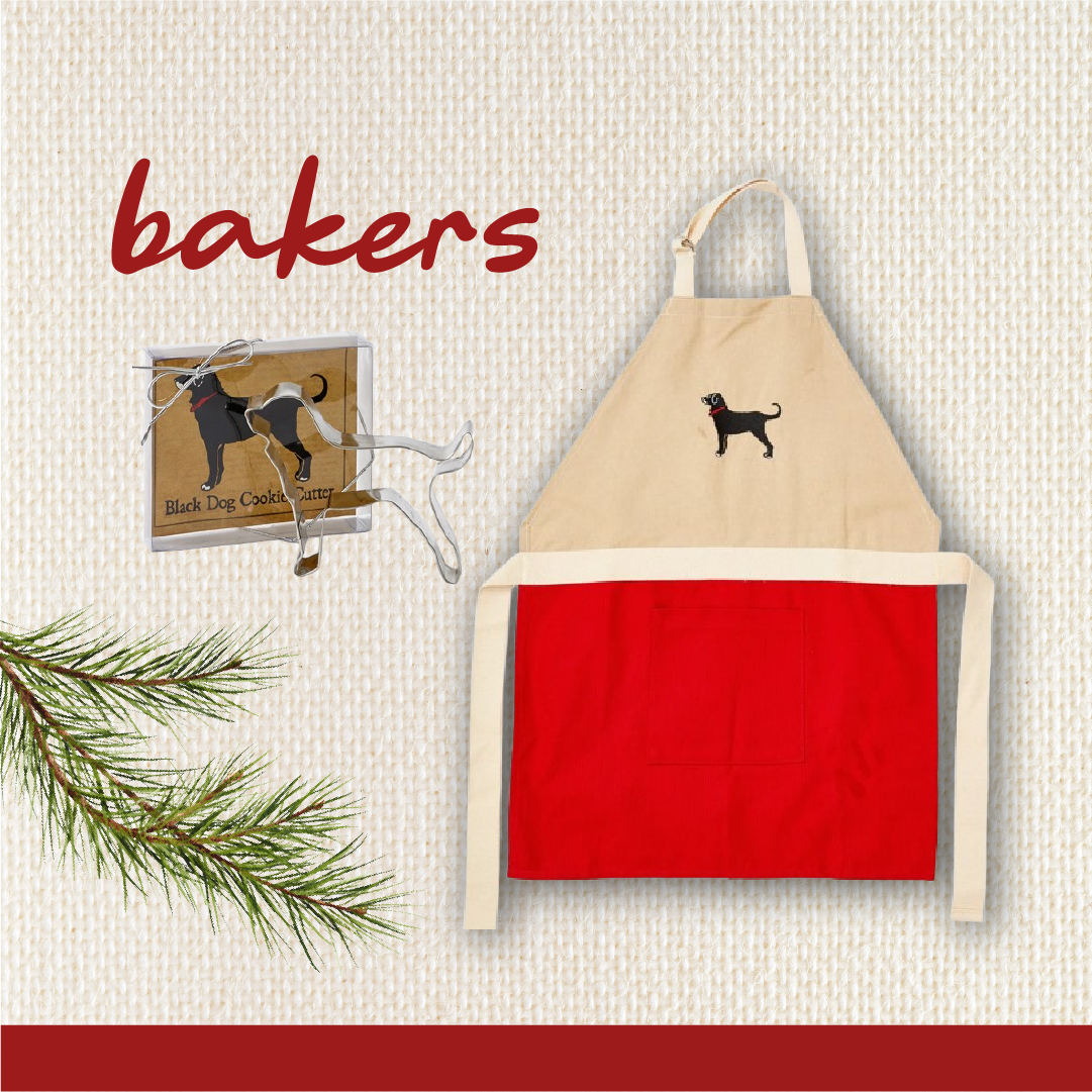 Beige apron with red pocket and the black dog on a textured beige background with 'bakers' text.