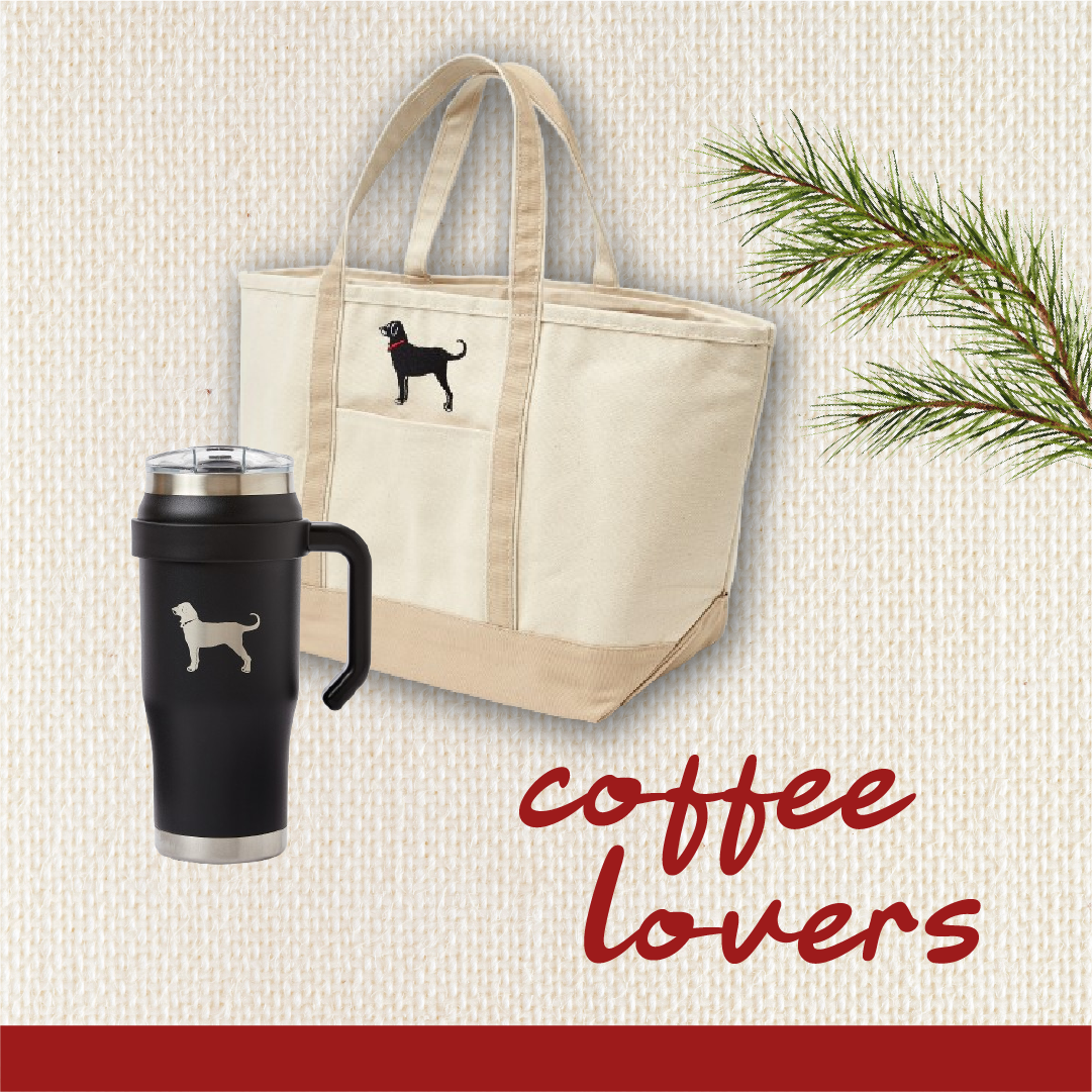 Tote bag and travel mug with dog illustrations on a textured beige background, featuring the text 'coffee lovers'.