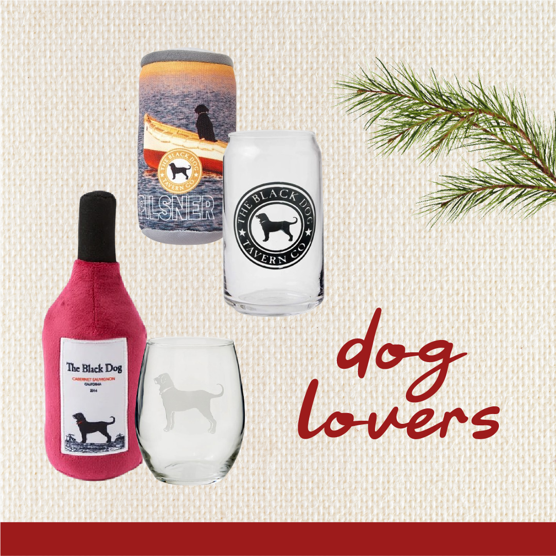 Wine bottle, glass, and canister with 'The Black Dog Tavern Co.' branding on a textured background.