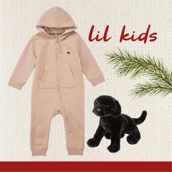 Pink hoodie with zipper and black plush dog on a textured beige background with 'Lil Kids' text.