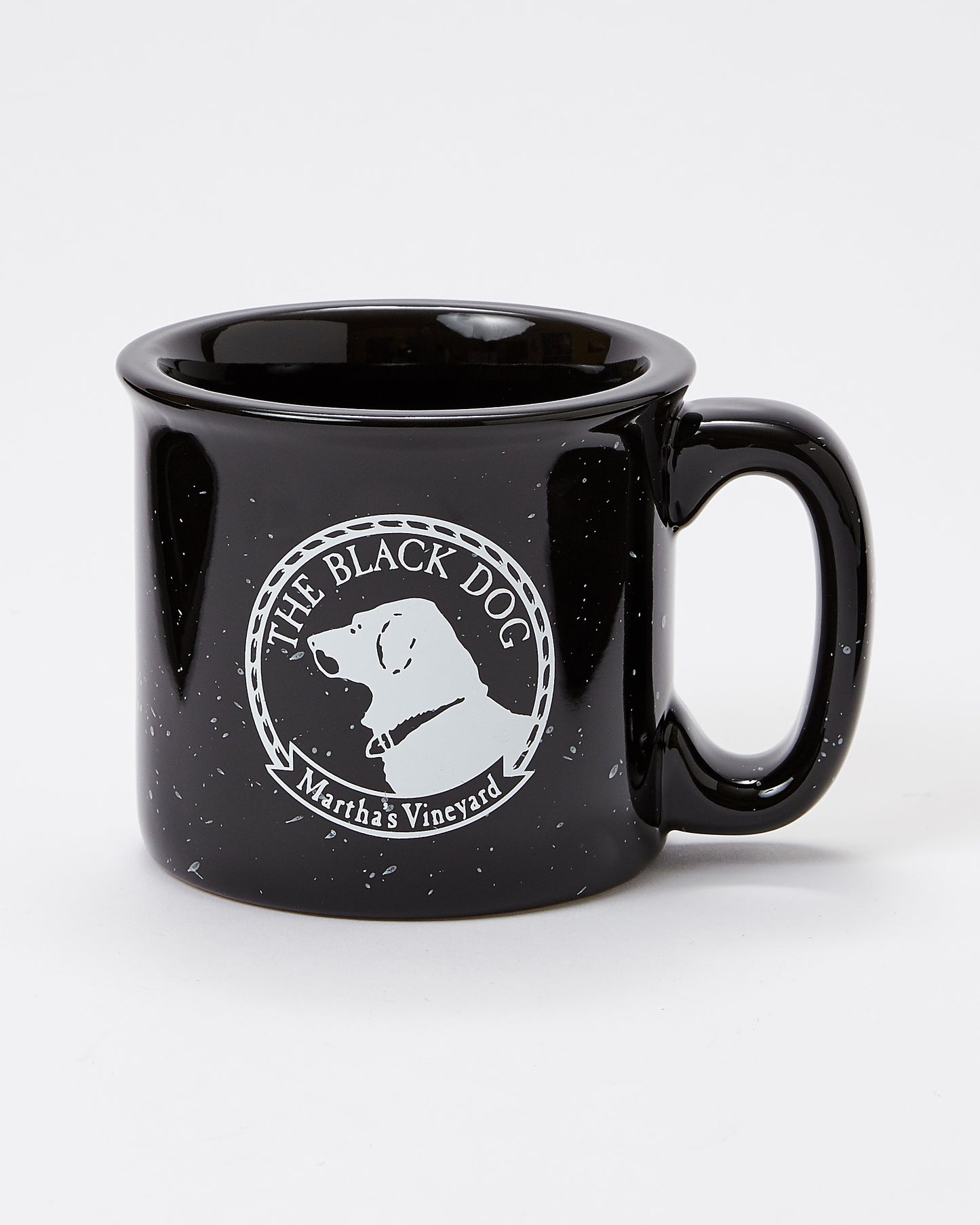Black mug with 'The Black Dog' logo on a white background