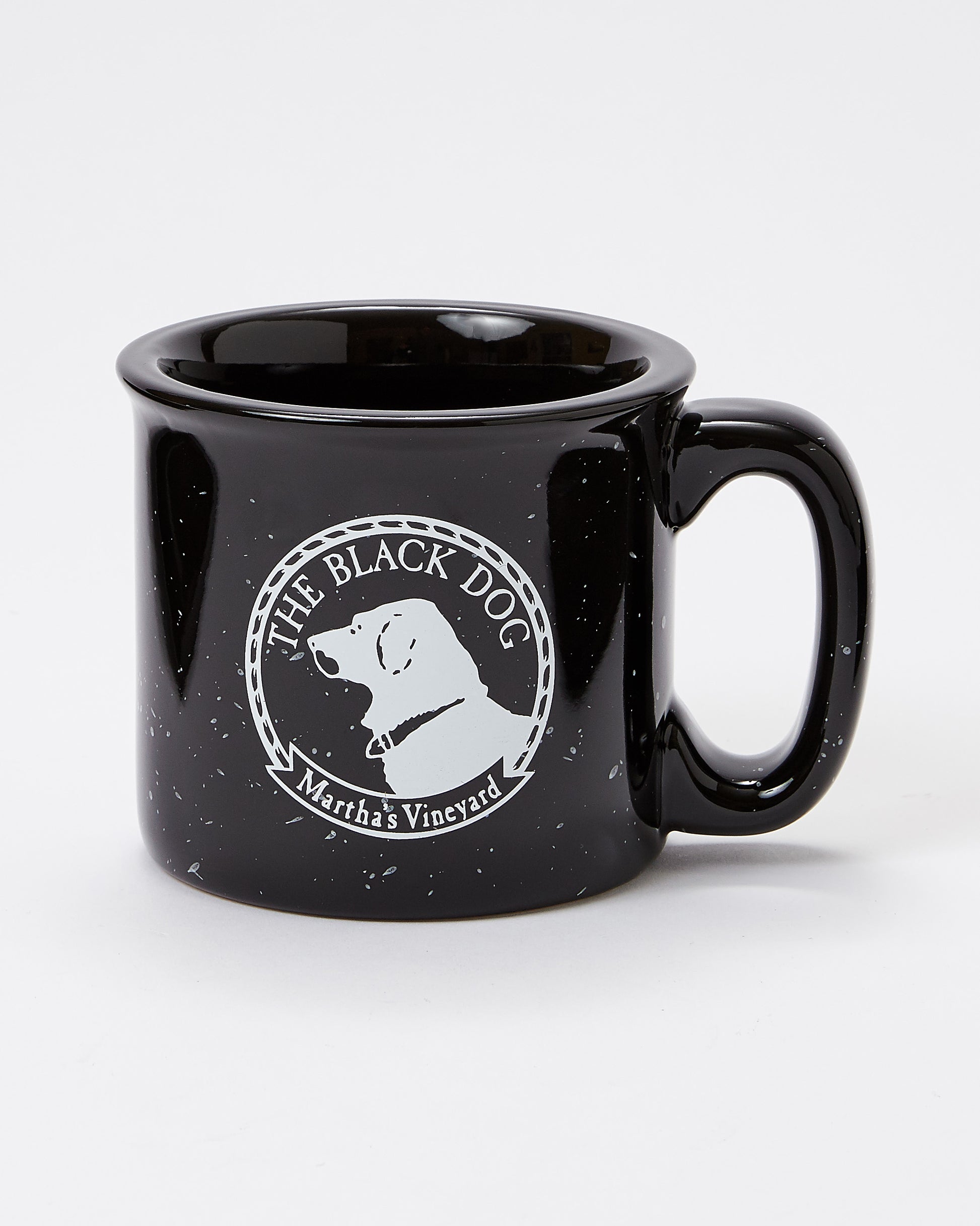 Black mug with 'The Black Dog' logo on a white background