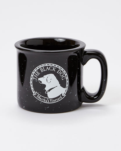 Black mug with 'The Black Dog' logo on a white background